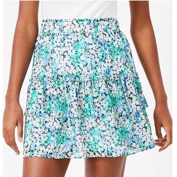 Loft Blue Floral Ruffle Tiered Mini Skirt Size Medium - Picture 1 of 10